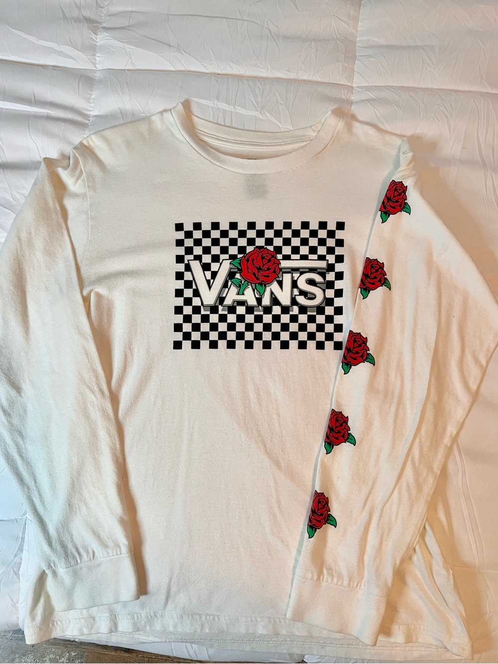 Boys Sz L (12-14) Vans White Long Sleeve Tee with Checkerboard & Red Roses